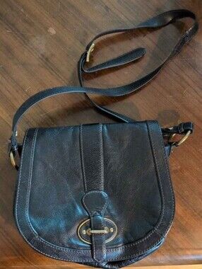 Fossil Black Leather Crossbody Saddle Bag with Brass Hardware